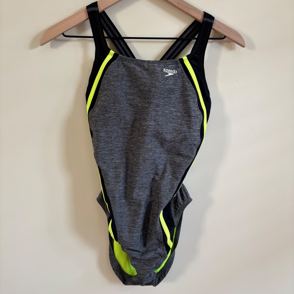 Speedo Womens HydroBra One Piece Swimsuit Gray Neon Yellow Size 8 Athletic